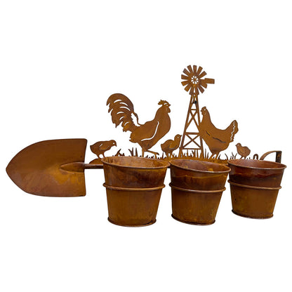 Three Pot Wall Planter on Shovel w/Chooks 60x15x30cm