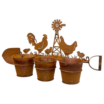 Three Pot Wall Planter on Shovel w/Chooks 60x15x30cm