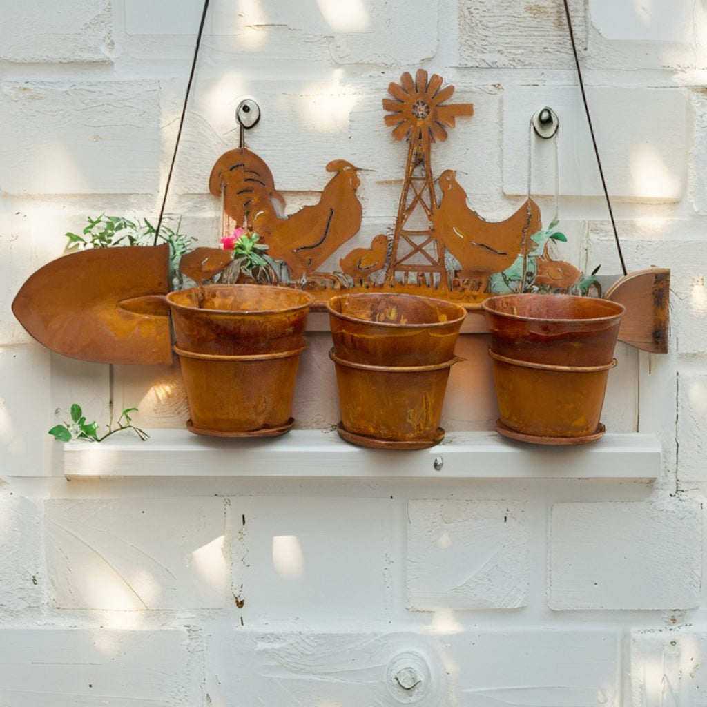 Three Pot Wall Planter on Shovel w/Chooks 60x15x30cm