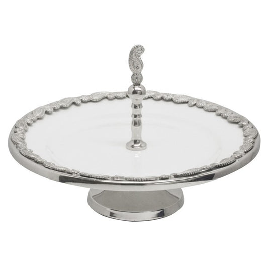 Paisley 1 Tier Stand. Nickle Paisley Border. Polished Nickle Pedastool Base And Paisley Feature Handle For Convenience When Carrying.
