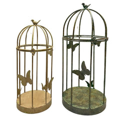 Set/2 Nested Distressed Finish Plant Cages w/Butterflies 36x36x79cm/30x30x69cm