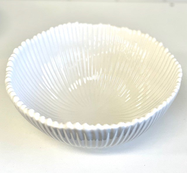 78K - White Ribbed Ceramic Bowl Large 22X20Cm