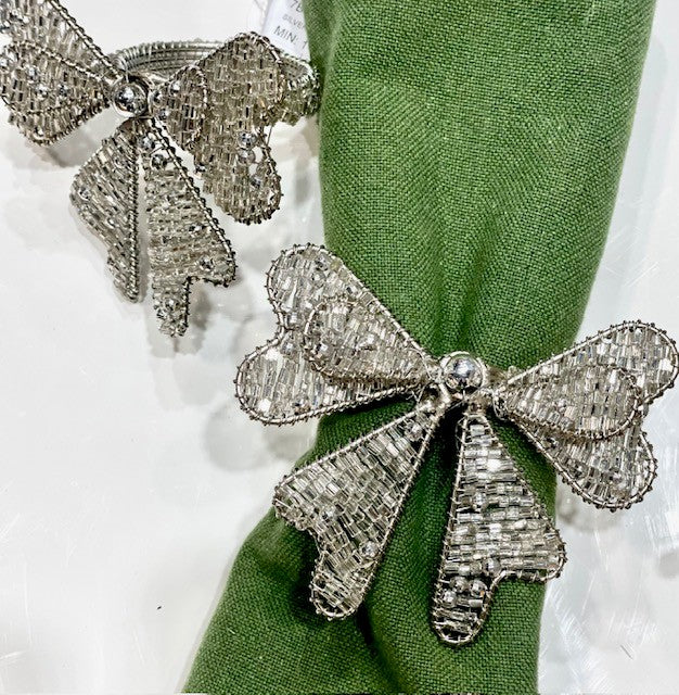 7B Silver Beaded Bow Napkin Ring - Set 12