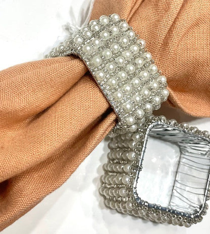 7C Silver Beaded/Pearl Square Napkin Ring - Set 12