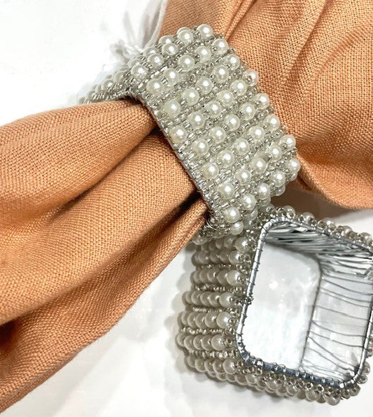 7C Silver Beaded/Pearl Square Napkin Ring - Set 12