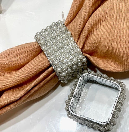 7C Silver Beaded/Pearl Square Napkin Ring - Set 12