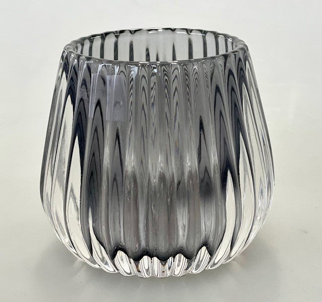 92 - Glass Tealight Holder Round Smoke Rib