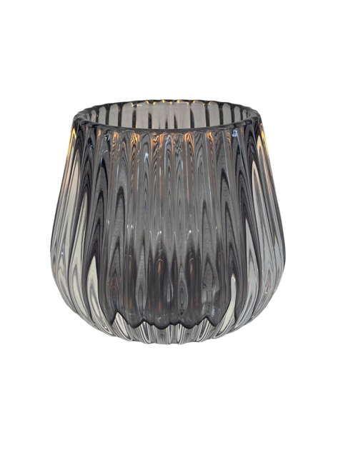 92 - Glass Tealight Holder Round Smoke Rib