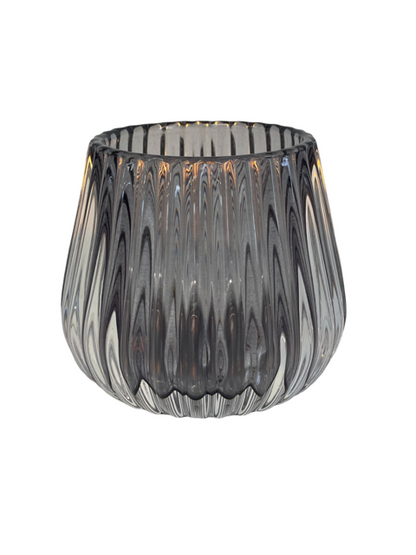 92 - Glass Tealight Holder Round Smoke Rib
