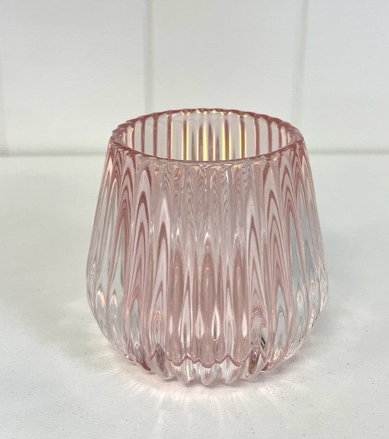 92A - Glass Tealight Holder Round Pink Rib