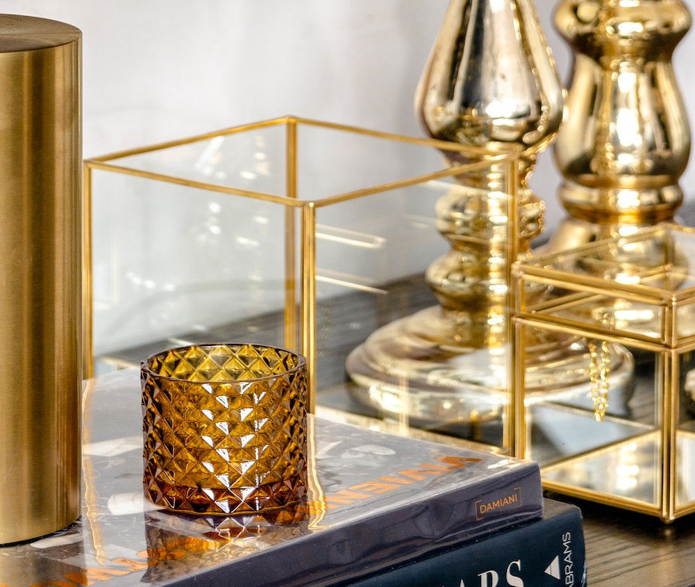 92E - Glass Tealight Holder Honey Diamond