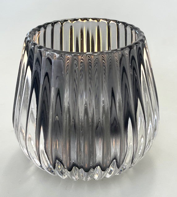 92 - Glass Tealight Holder Round Smoke Rib