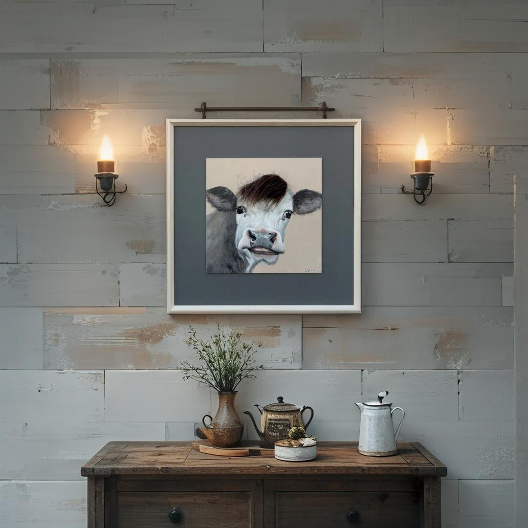 Curious Cow w/Artificial Hair Framed Canvas Wall Art 60x60cm