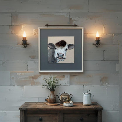 Curious Cow w/Artificial Hair Framed Canvas Wall Art 60x60cm