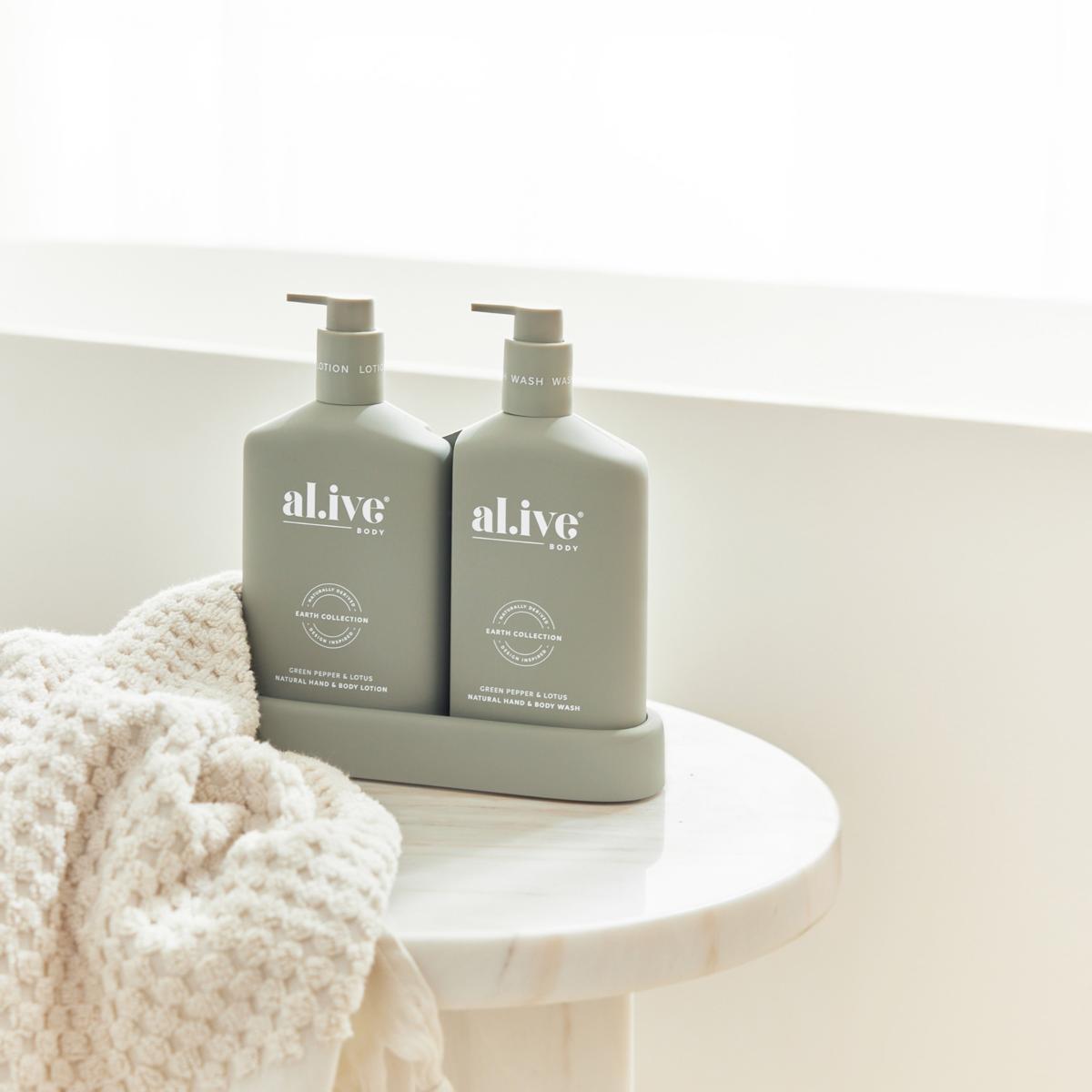 Alive Body Wash & Lotion Duo + Tray Green Pepper & Lotus side view