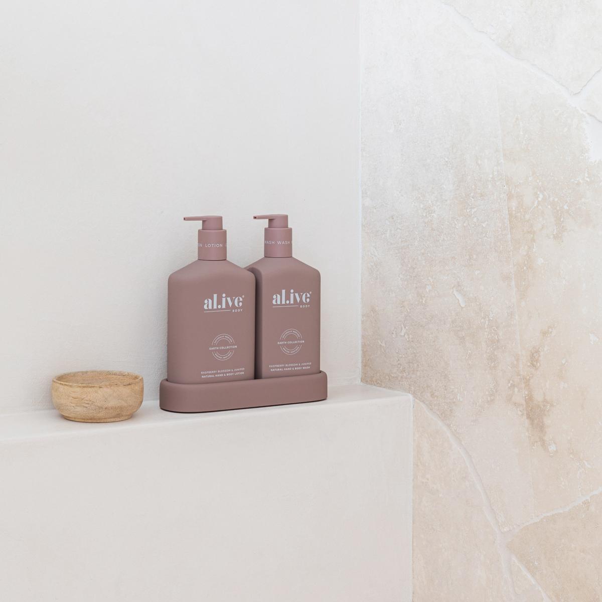 Alive Body Wash & Lotion Duo + Tray Raspberry Blossom & Juniper side view