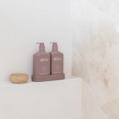 Alive Body Wash & Lotion Duo + Tray Raspberry Blossom & Juniper side view
