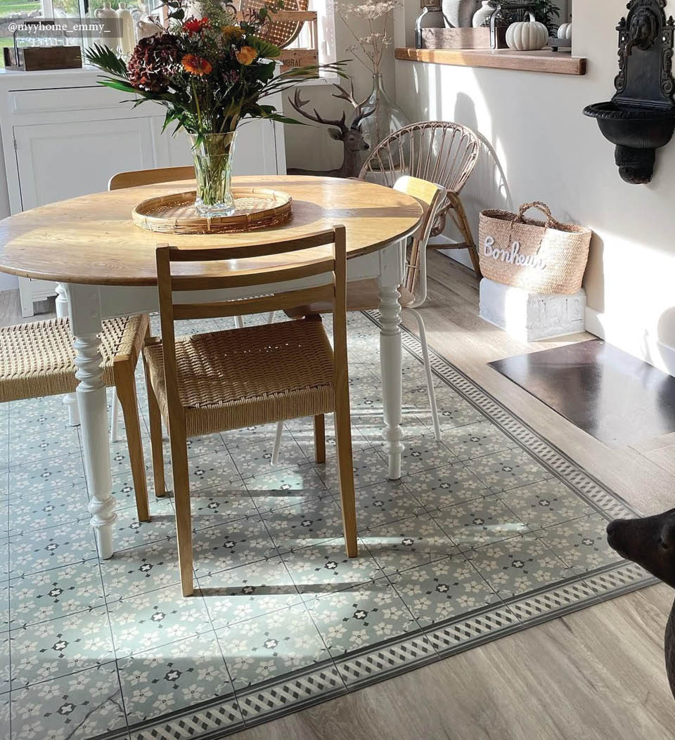 Almond Mint vinyl rug in room