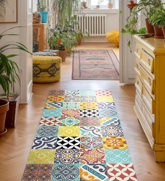 Eclectic Colourful Antique Vinyl Rug Lifestyle