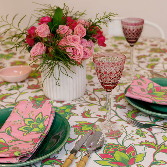 Florence Tablecloth - Pink/Green On White