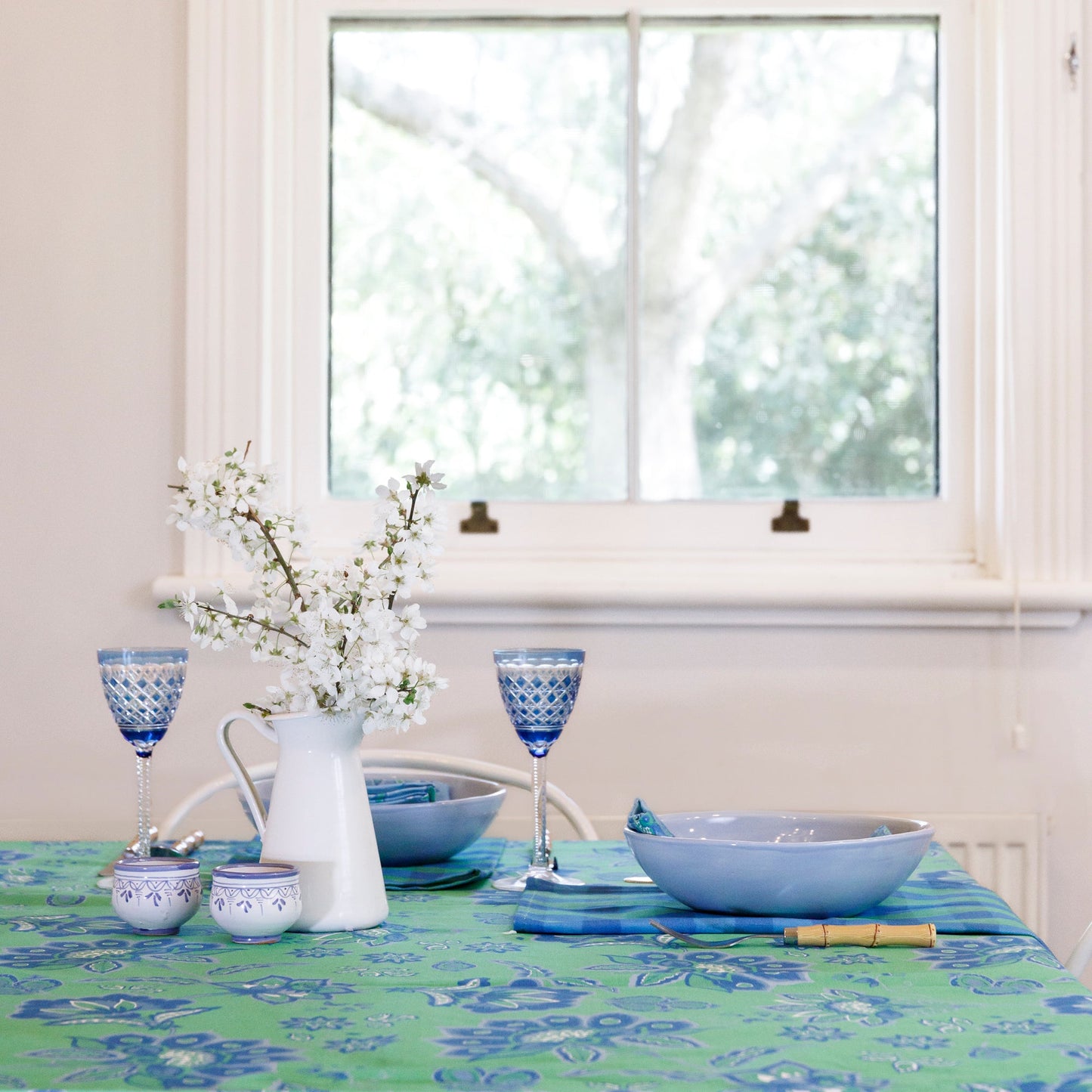 Aurora Tablecloth - Blue/Green On Green