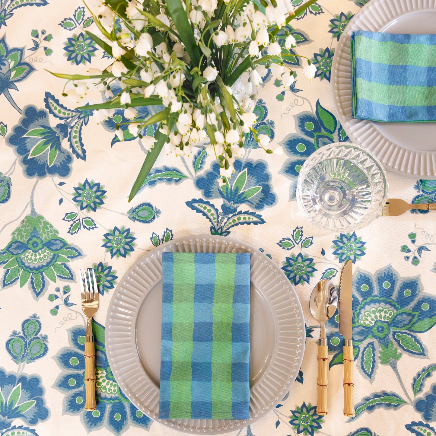 Aurora Tablecloth - Blue/Green On White - Wholesale