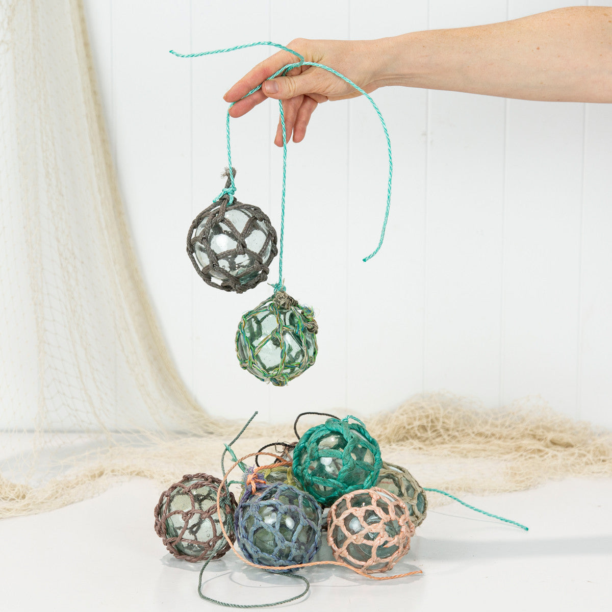 Set 5 X 2.5" Glass Float -Multi Coloured Rope