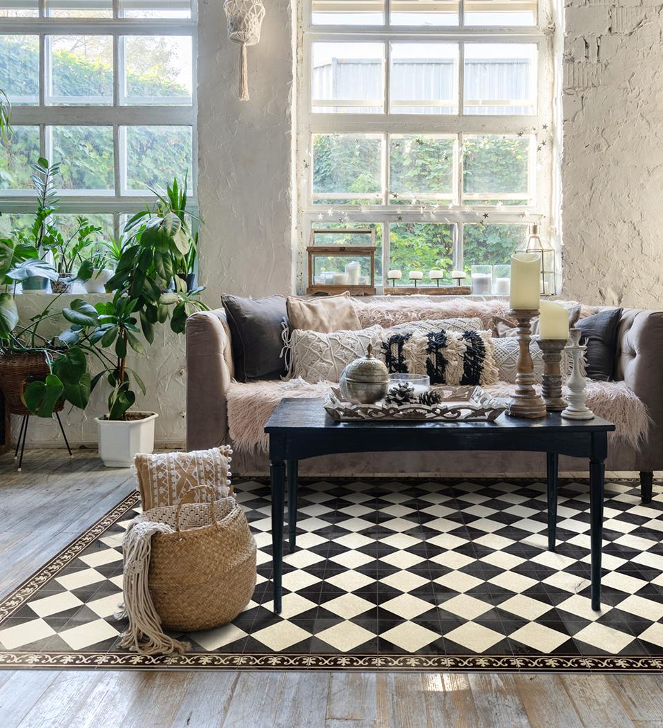 Gambit black and white vinyl rug in living space