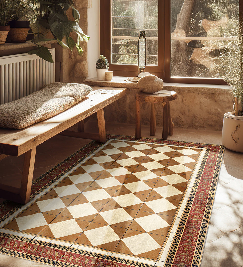 Gambit Queen Camel Antique Vinyl Rug Detailed