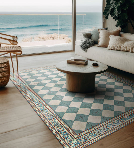 Gambit Queen Cyan Antique Vinyl Rug Lifestyle