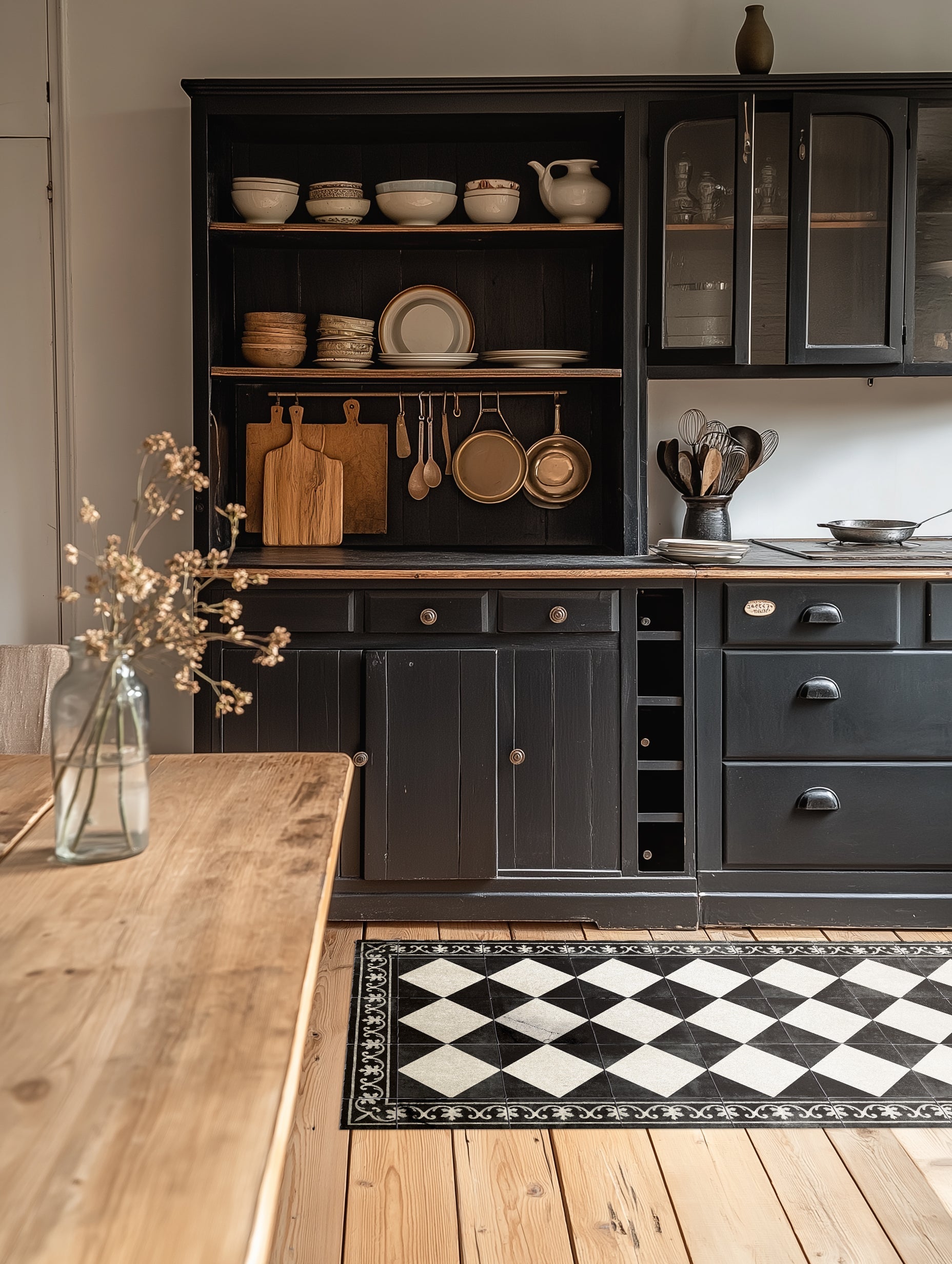 Gambit Chess vinyl rug in kitchen setting