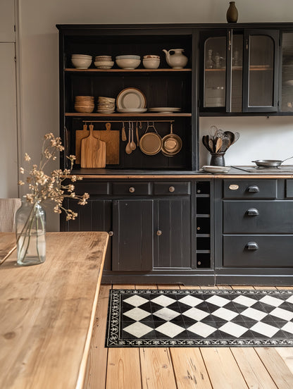 Gambit Chess vinyl rug in kitchen setting