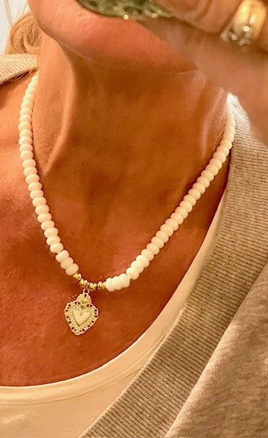 Jwbhn White Bead Enamelled Small Heart Necklace