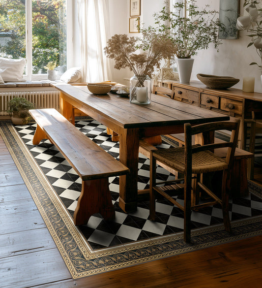 Gambit Queen Ink Antique Vinyl Rug Lifestyle