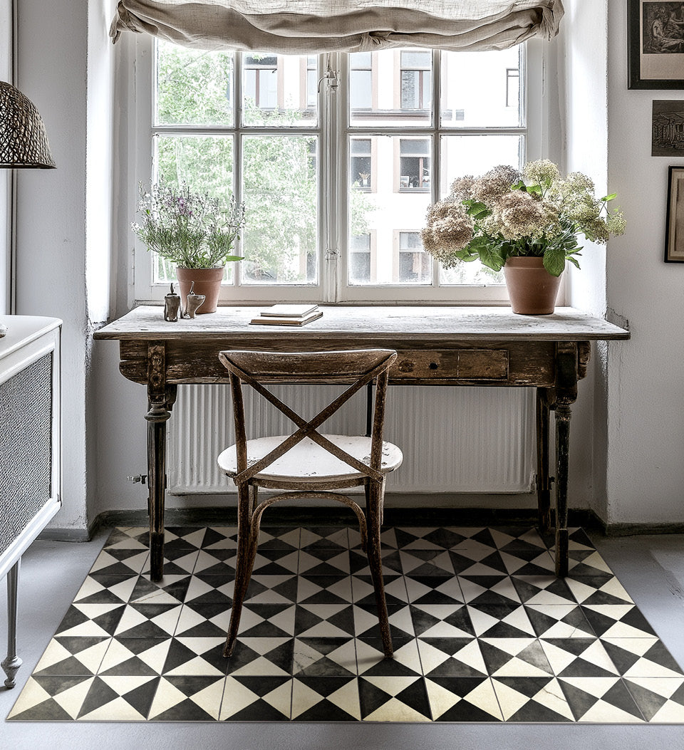 Borgo Black & White Antique Vinyl Rug Lifestyle Setting