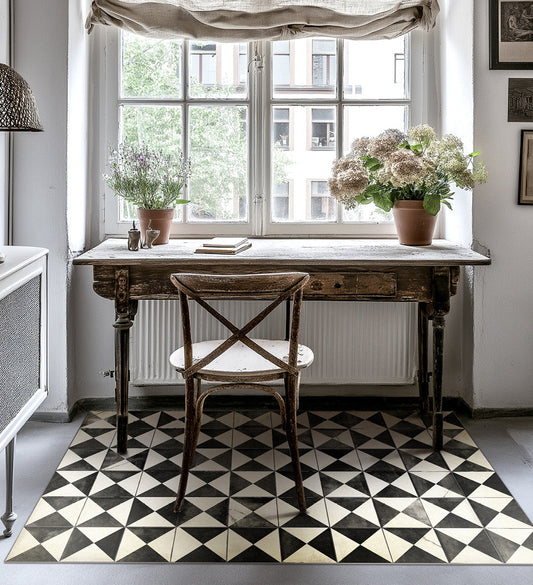 Borgo Black & White Antique Vinyl Rug Lifestyle Setting