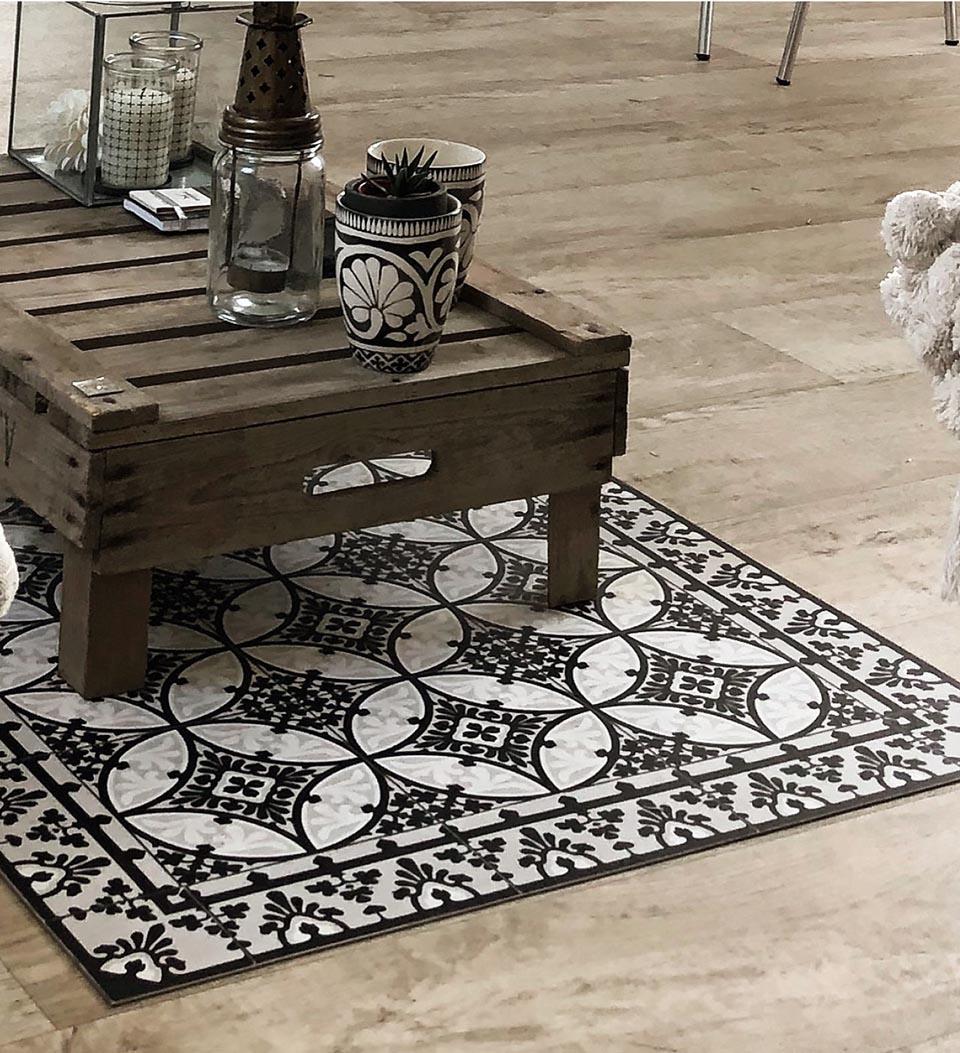Barcelona Black & White vinyl rug lifestyle setting