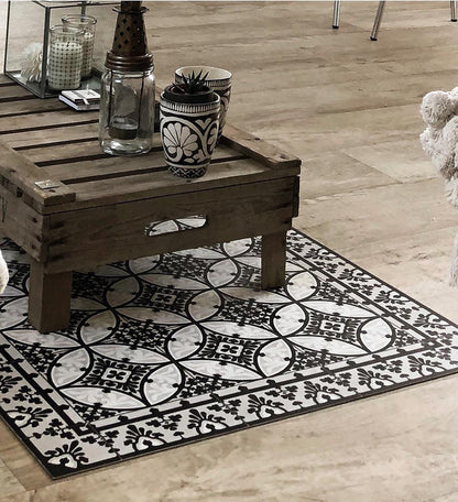 Barcelona Black & White vinyl rug lifestyle setting