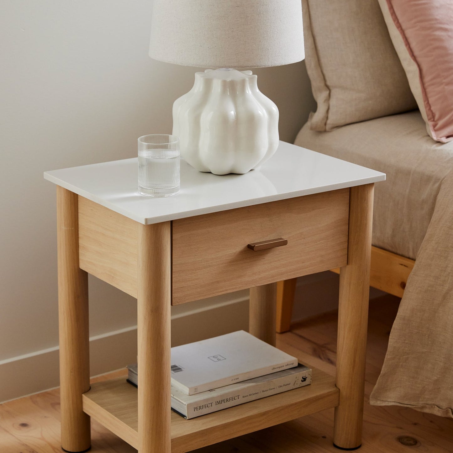 Somerset White Marble/Oak Bedside Table