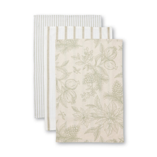 Poinsettia Olive/Flax Teatowel Pack 3