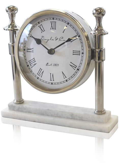 109E - Round Column Clock White Marble Base:Silver