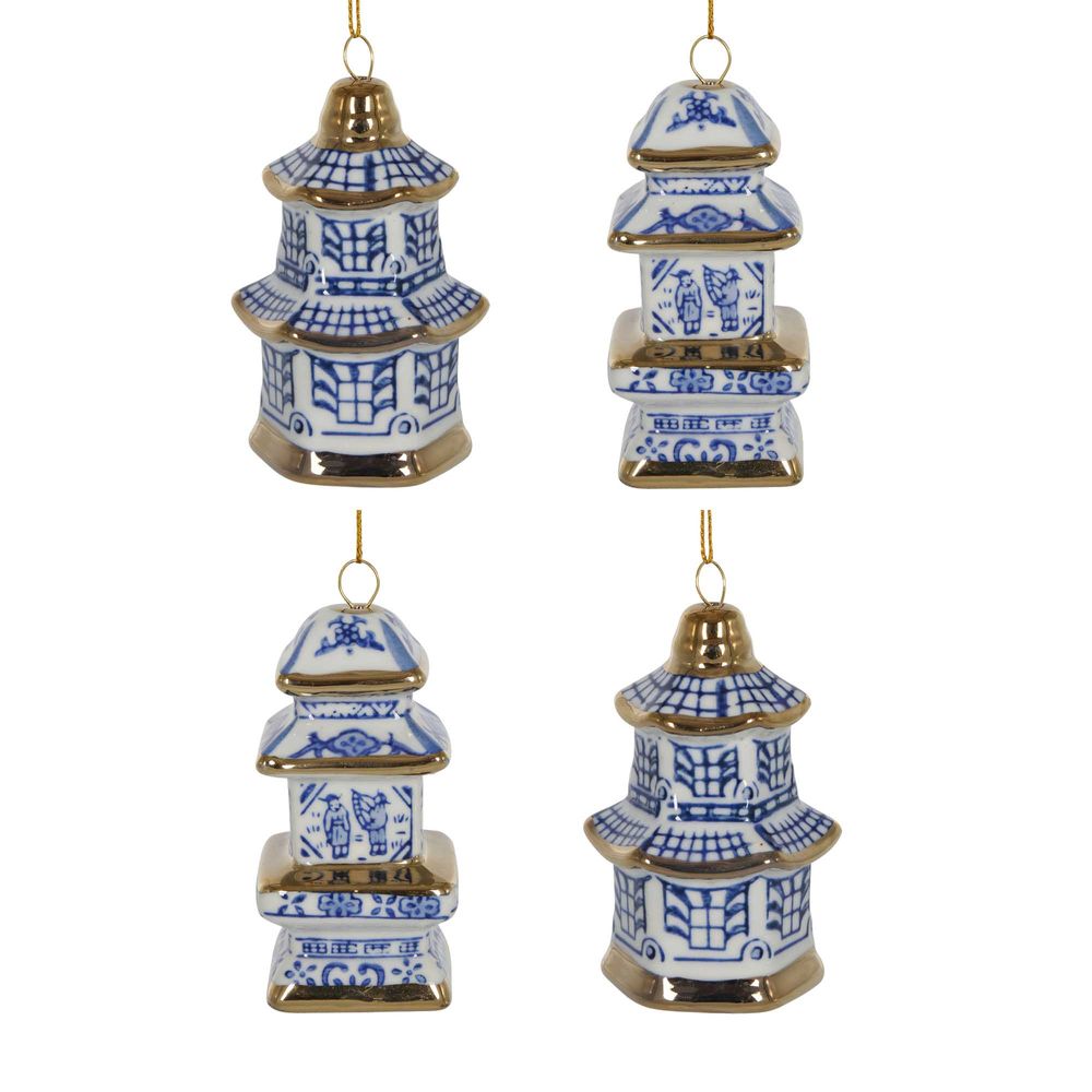 Chinoiserie Pagoda Hanging Ornaments Box Of 4