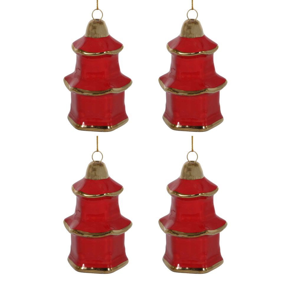 Pagoda Hanging Ornaments Box Of 4 Red