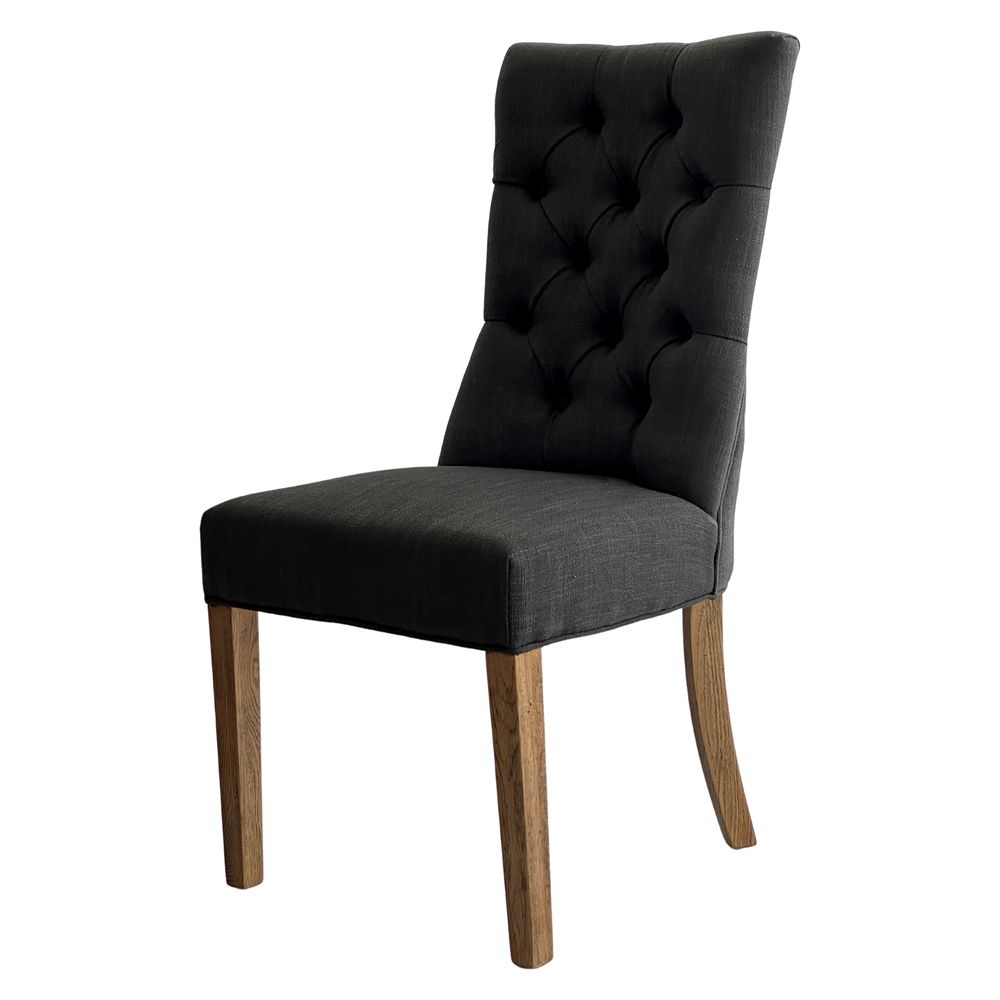 Diana Buttoned Hamptons Dining Chair Charcoal Linen Blend