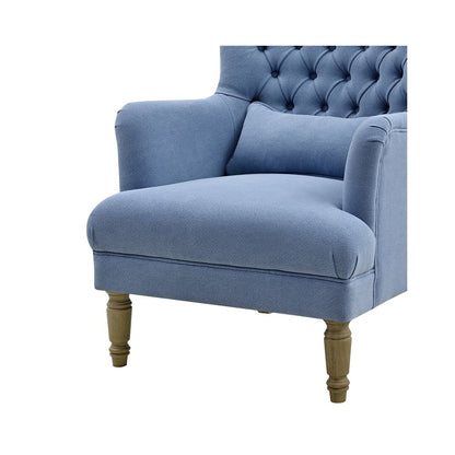 Bayside Slate Blue Hamptons Button Tufted Winged Armchair W/Wooden Legs