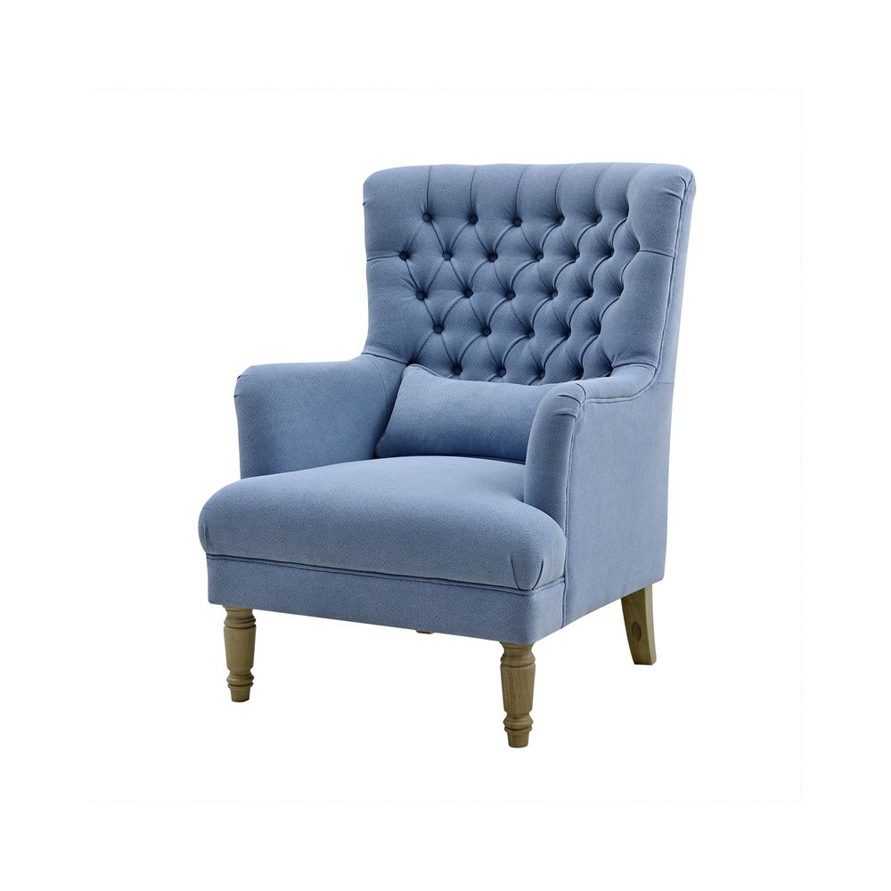 Bayside Slate Blue Hamptons Button Tufted Winged Armchair W/Wooden Legs