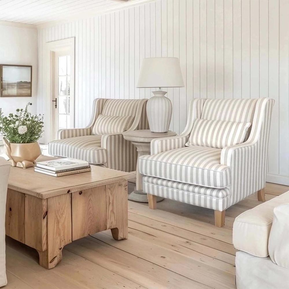 Bondi Hamptons Armchair Natural Stripe W/White Piping