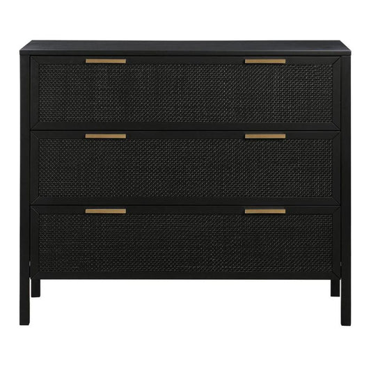 Santorini Hamptons 3 Drawer Timber/Rattan Dresser 100Cm Black