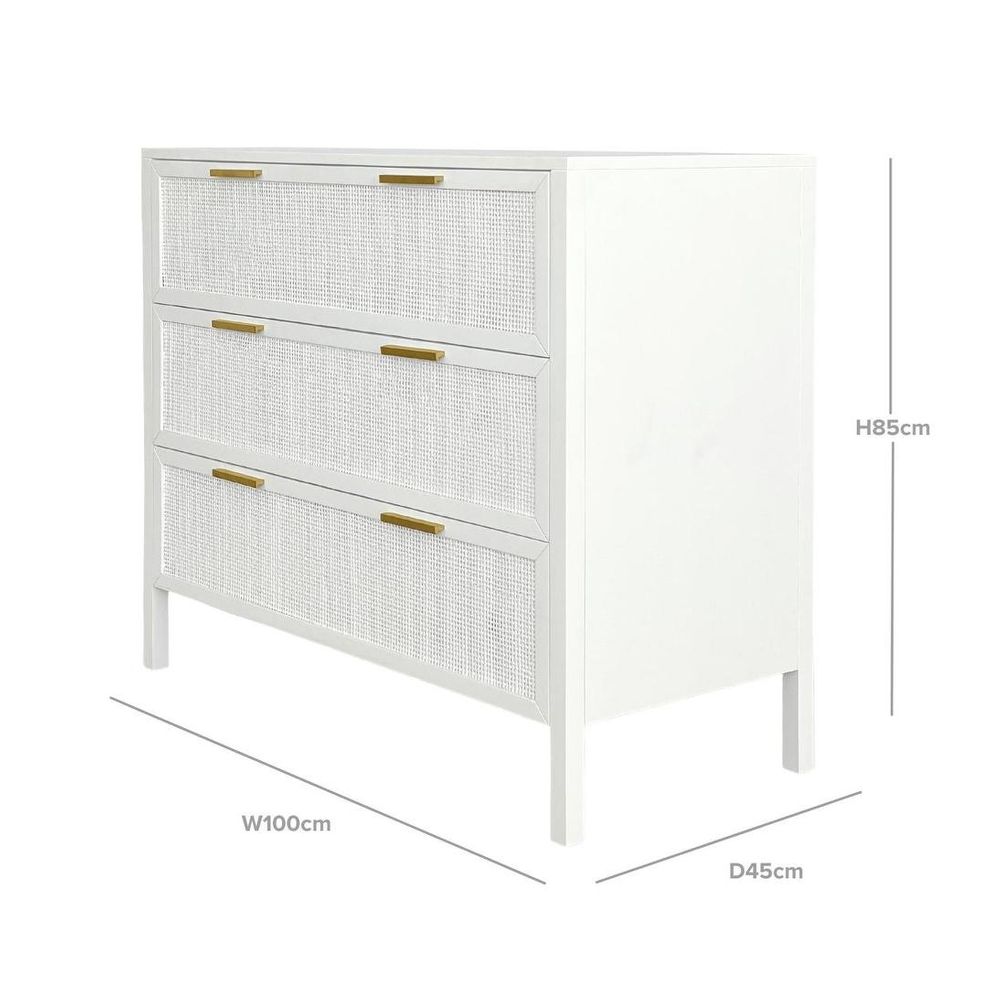 Santorini Hamptons 3 Drawer Timber/Rattan Dresser 100Cm White