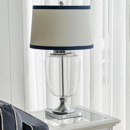 Charlotte Glass And Nickel Lamp With White Linen Shade (Navy Trim)